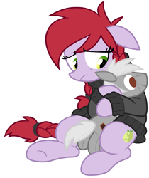Size: 3312x3947 | Tagged: safe, artist:wingedwolf94, oc, oc only, oc:crab apple, oc:ryo disk, braid, clothes, crabdisk, frown, plushie, sad, show accurate, simple background, snuggling, solo, transparent background, vector