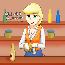 Size: 1280x1279 | Tagged: safe, artist:mkogwheel, applejack, human, bartender, breasts, cleavage, clothes, female, humanized, shirt, solo, vest, waistcoat