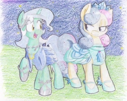 Size: 1598x1269 | Tagged: safe, artist:goat train, bon bon, lyra heartstrings, sweetie drops, earth pony, pony, unicorn, clothes, colored pencil drawing, dress, duo, looking at each other, raised hoof, smiling, traditional art