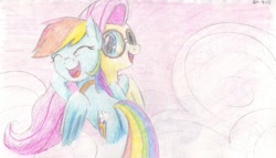 Size: 1410x806 | Tagged: safe, artist:goat train, fluttershy, rainbow dash, pegasus, pony, cloud, colored pencil drawing, duo, female, goggles, hug, mare, smiling, traditional art, wings