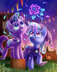 Size: 1593x2028 | Tagged: safe, artist:dawnfire, starlight glimmer, trixie, pony, unicorn, box, clothes, colored pupils, cute, diatrixes, female, fireworks, glimmerbetes, grin, looking up, magic, mare, open mouth, poster, question mark, raised hoof, signature, smiling, trixie's cape, trixie's hat