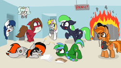 Size: 1920x1080 | Tagged: safe, artist:agamnentzar, artist:chiramii-chan, artist:shinodage, oc, oc only, oc:cannon car, oc:doodles, oc:eris, oc:moonlit ace, fire, panic, pony town