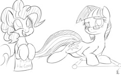 Size: 1000x624 | Tagged: safe, artist:crade, pinkie pie, twilight sparkle, earth pony, pony, apron, clothes, glasses, scroll, sketch