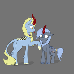 Size: 4000x4000 | Tagged: safe, artist:barhandar, oc, oc only, oc:panne, oc:windswept skies, kirin, :p, atg 2019, braid, cloven hooves, collar, cross-eyed, duo, female, gray background, in progress, kirin-ified, magic, male, mare, newbie artist training grounds, open mouth, simple background, species swap, stallion, tail wrap, tongue out, transformation, underhoof