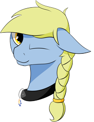 Size: 1538x1997 | Tagged: safe, alternate version, artist:barhandar, derpibooru exclusive, oc, oc only, oc:windswept skies, pegasus, pony, braid, bust, charm, collar, looking at you, male, one eye closed, simple background, smiling, solo, stallion, transparent background, wink