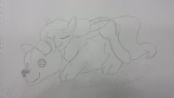 Size: 1280x720 | Tagged: safe, artist:goat train, princess luna, alicorn, pony, cute, filly, monochrome, sleeping, teddy bear, traditional art, woona