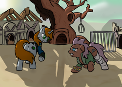 Size: 2800x2000 | Tagged: safe, artist:rockset, oc, oc only, oc:littlepip, earth pony, pony, unicorn, fallout equestria, bandage, butt, cage, clothes, confrontation, cutie mark, dead tree, fanfic, fanfic art, female, golden oaks library, gritted teeth, hooves, horn, looking at each other, mare, pipbuck, plot, ponyville, raider, raised hoof, teeth, tree, vault suit, wasteland
