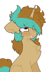 Size: 772x1032 | Tagged: safe, artist:little-sketches, derpibooru exclusive, oc, oc only, oc:demi, oc:demiurgic theory, unicorn, ahegao, blushing, chest fluff, cute, eyes rolling back, fluffy, looking pleasured, male, messy mane, open mouth, pleased, simple background, solo, stallion, tongue out, transparent background