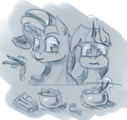 Size: 901x852 | Tagged: safe, artist:post-it, rarity, twilight sparkle, pony, unicorn, chopsticks, eating, food, monochrome, noodles, ramen, rarity looking at food, sketch, sushi