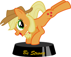 Size: 3737x3000 | Tagged: safe, artist:brisineo, applejack, earth pony, pony, fallout equestria, buck, bucking, fanfic, fanfic art, female, hat, hooves, kick, kicking, mare, ministry mares, ministry mares statuette, open mouth, simple background, solo, statuette, text, transparent background