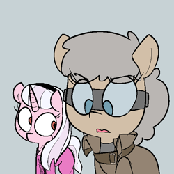 Size: 600x600 | Tagged: safe, artist:whydomenhavenipples, oc, oc only, oc:gingersnap, oc:terra, earth pony, pony, unicorn, clothes, colored, goggles, northern excursion