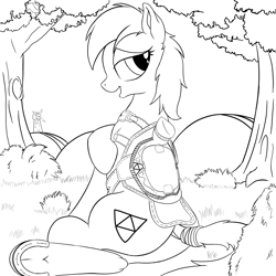 Size: 2500x2500 | Tagged: safe, artist:graboiidz, earth pony, pony, black and white, epona, female, grayscale, mare, monochrome, ponified, saddle, smiling, solo, tail wrap, the legend of zelda