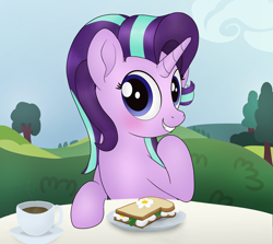 Size: 1000x890 | Tagged: safe, artist:noosa, starlight glimmer, pony, unicorn, blushing, bush, cafe, cute, date, female, food, glimmerbetes, looking at you, mare, raised hoof, sandwich, sitting, smiling, solo, table, tea, tree