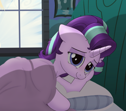 Size: 1840x1614 | Tagged: safe, artist:noosa, starlight glimmer, pony, unicorn, bed, female, looking at you, mare, messy mane, morning ponies, painting, smiling, solo, starlight's room, sunrise, tired, window