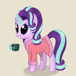 Size: 1250x1250 | Tagged: safe, artist:noosa, starlight glimmer, pony, unicorn, cute, dressing gown, female, food, glimmerbetes, glowing horn, happy, horn, magic, mare, mug, smiling, solo, tea, telekinesis