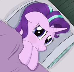 Size: 1881x1824 | Tagged: safe, artist:noosa, starlight glimmer, pony, unicorn, bed, blanket, blushing, cute, female, floppy ears, glim, glim glam, glimmerbetes, glimmy, looking at you, mare, pillow, puppy dog eyes, sad, sadlight glimmer, sadorable, sleeping, smiling, smiling at you, solo, sweet dreams fuel, tucking in