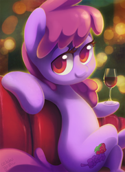 Size: 840x1155 | Tagged: safe, artist:dawnfire, berry punch, berryshine, alcohol, berrybetes, bokeh, colored pupils, crossed legs, glass, hoof hold, looking at you, sitting, smiling, solo, underhoof, wine, wine glass