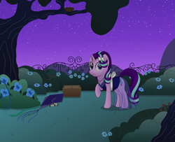 Size: 1743x1414 | Tagged: safe, artist:noosa, starlight glimmer, pony, unicorn, basket, bow, bush, canterlot, canterlot gardens, clothes, cutie mark, dress, female, flower, gala dress, garden, grand galloping gala, hair bow, kite, looking at you, mare, nest, night, picnic basket, raised hoof, see-through, see-through dress, smiling, solo, stars, string, thread, tree, yarn