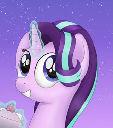 Size: 993x1120 | Tagged: safe, artist:noosa, starlight glimmer, pony, unicorn, female, grin, holiday, looking at you, magic, mare, simple background, smiling, solo, stars, valentine, valentine's day, valentines day card