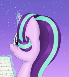 Size: 993x1120 | Tagged: safe, artist:noosa, starlight glimmer, pony, unicorn, blushing, female, holiday, looking at you, magic, mare, reading, simple background, solo, stars, surprised, valentine, valentine's day, valentines day card