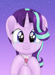 Size: 993x1363 | Tagged: safe, artist:noosa, starlight glimmer, pony, unicorn, bipedal, crying, cute, female, glimmerbetes, happy, holiday, hoof hold, looking at you, magic, mare, simple background, smiling, solo, stars, tears of joy, valentine, valentine's day, valentines day card