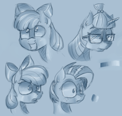 Size: 1329x1260 | Tagged: safe, artist:post-it, apple bloom, babs seed, moondancer, monochrome, sketch, sketch dump, smiling