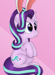 Size: 734x993 | Tagged: safe, artist:noosa, starlight glimmer, pony, unicorn, abstract background, bucktooth, bunny ears, clothes, costume, easter bunny, female, hooves together, mare, sitting, smiling, solo