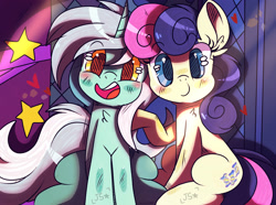 Size: 1700x1268 | Tagged: safe, artist:jxst-starly, bon bon, lyra heartstrings, sweetie drops, pony, blushing, cute, female, floating heart, heart, lesbian, lyrabetes, lyrabon, photo booth, scene interpretation, shipping, sitting, smiling