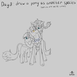 Size: 2000x2000 | Tagged: safe, artist:barhandar, oc, oc only, oc:ebony winds, oc:violet phoenix, oc:windswept skies, kirin, atg 2020, braid, cloven hooves, collar, female, glow, gray background, kirin-ified, male, newbie artist training grounds, no pupils, partial color, ponies riding ponies, quadrupedal, riding, signature, simple background, species swap, transformation