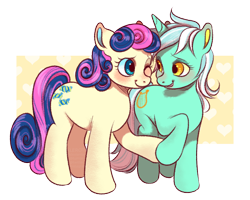 Size: 1000x800 | Tagged: safe, artist:xlerotl, bon bon, lyra heartstrings, sweetie drops, earth pony, pony, unicorn, abstract background, adorabon, best friends, blushing, cute, female, holding hooves, lesbian, looking at each other, lyrabetes, lyrabon, mare, one eye closed, shipping, simple background, smiling, standing, transparent background, wink