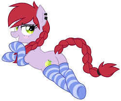 Size: 4555x3800 | Tagged: safe, artist:wingedwolf94, artist:wingedwolf94nsfw, oc, oc only, oc:crab apple, earth pony, pony, absurd resolution, adorasexy, bedroom eyes, blushing, braid, braided tail, clothes, crossed legs, cute, cutie mark, dock, ear piercing, earring, female, freckles, grin, jewelry, looking at you, looking back, looking back at you, lying down, mare, piercing, pinup, plot, prone, sexy, simple background, smiling, smiling at you, socks, solo, striped socks, striped stockings, thigh highs, transparent background, vector