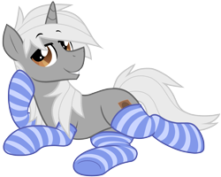 Size: 4000x3197 | Tagged: safe, artist:wingedwolf94, oc, oc only, oc:ryo disk, pony, unicorn, clothes, looking at you, lying down, prone, simple background, socks, solo, stockings, striped socks, transparent background, vector