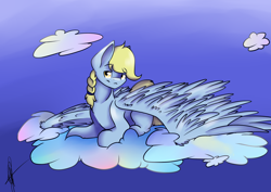Size: 4092x2893 | Tagged: safe, artist:rimmi1357, oc, oc only, oc:windswept skies, pegasus, pony, braid, cloud, large wings, looking at you, male, prone, solo, stallion, wings