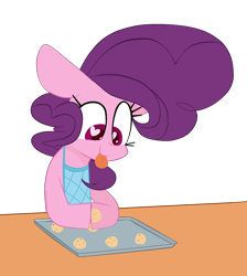 Size: 1718x1920 | Tagged: safe, artist:hattsy, sugar belle, apron, baking, clothes, cookie dough, cooking, looking down, pan, simple background, solo, tongue out, transparent background
