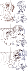 Size: 1280x3189 | Tagged: safe, artist:shinodage, shining armor, oc, oc:melon shine, pegasus, pony, unicorn, canon x oc, closet, clothes, cuddling, cute, doll, eyes closed, female, kissing, mare, monochrome, plushie, plushophilia, shipping, sitting, sketch, smiling, toy