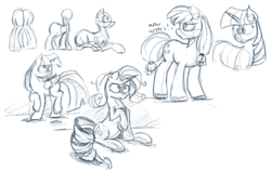 Size: 1898x1191 | Tagged: safe, artist:post-it, applejack, rarity, twilight sparkle, twilight sparkle (alicorn), alicorn, earth pony, pony, unicorn, dialogue, embarrassed, monochrome, sitting, sketch, sketch dump