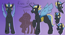 Size: 1300x700 | Tagged: safe, artist:goat train, princess celestia, oc, oc:king regal, alicorn, changeling, pony, blue changeling, changeling king, changeling oc, double colored changeling, male, purple background, raised hoof, reference sheet, simple background, size comparison, yellow changeling