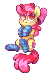 Size: 1800x2532 | Tagged: safe, artist:dawnfire, apple bloom, adorabloom, clothes, colored pupils, cute, simple background, socks, solo, striped socks, the cmc's cutie marks, transparent background