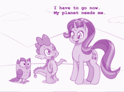Size: 540x400 | Tagged: safe, artist:dstears, owlowiscious, spike, starlight glimmer, dragon, pony, unicorn, good end, poochie, simpsons did it