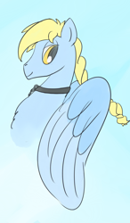 Size: 1050x1800 | Tagged: safe, artist:ononim, oc, oc only, oc:windswept skies, pegasus, pony, braid, bust, charm, chest fluff, collar, golden eyes, gradient background, lidded eyes, looking back, male, simple background, smiling, solo, spread wings, stallion, wings