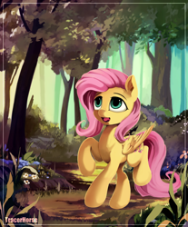 Size: 1280x1549 | Tagged: dead source, safe, artist:tracerhorse, fluttershy, pegasus, pony, cute, female, folded wings, forest, looking up, mare, open mouth, raised hoof, raised leg, shyabetes, solo