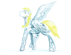Size: 1245x968 | Tagged: safe, artist:testostepone, oc, oc only, oc:windswept skies, pegasus, pony, braid, golden eyes, latex, latex suit, looking at you, looking back, male, simple background, smiling, smirk, smug, solo, spread wings, stallion, white background, wings