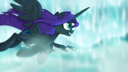 Size: 1920x1080 | Tagged: safe, artist:prince-lionel, oc, oc:nyx, alicorn, pony, adult, female, flying, fog, happy, horn, mare, movie accurate, older, smiling, solo, splashing, water, waterfall, wet, wings