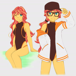 Size: 1791x1791 | Tagged: safe, artist:dragonemperror2810, sunset shimmer, human, equestria girls, adorasexy, anime, cap, clothes, cute, eye clipping through hair, female, glasses, hat, jacket, looking at you, one-piece swimsuit, sexy, shimmerbetes, simple background, sitting, smiling, solo, swimsuit, white background