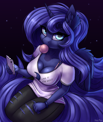 Size: 1500x1774 | Tagged: safe, artist:lightly-san, princess luna, alicorn, anthro, bra strap, breasts, bubblegum, cellphone, cleavage, clothes, cute, digital art, ear fluff, female, food, gum, looking at you, lunabetes, mare, night, pants, phone, princess balloona, ripped pants, shirt, solo