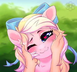 Size: 2136x2000 | Tagged: safe, artist:honey_pony, oc, oc only, oc:bay breeze, human, pegasus, pony, blushing, bow, chest fluff, cute, ear fluff, female, hair bow, heart eyes, looking at you, loving gaze, male, male pov, mare, ocbetes, offscreen character, petting, pov, weapons-grade cute, wingding eyes