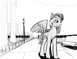 Size: 1280x990 | Tagged: safe, artist:warskunk, oc, oc only, oc:gear, pegasus, pony, grayscale, looking sideways, male, monochrome, park, raffle prize, request, sketch, solo, spread wings, stallion, wings