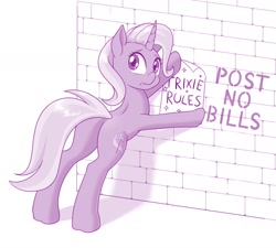 Size: 1280x1151 | Tagged: safe, artist:dstears, trixie, pony, unicorn, butt, eric conveys an emotion, female, mare, monochrome, plot, poster, solo, text, wall