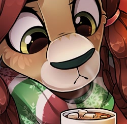 Size: 1021x995 | Tagged: safe, artist:trickate, yona, yak, :<, cheek fluff, chocolate, close-up, clothes, curious, cute, female, food, frown, head tilt, hot chocolate, looking at something, marshmallow, mug, scarf, solo, steam, yonadorable