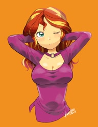 Size: 1574x2048 | Tagged: safe, artist:ku_rimo, sunset shimmer, equestria girls, anime, arm behind head, big breasts, breasts, cleavage, cute, female, one eye closed, orange background, shimmerbetes, simple background, solo, sunset jiggler